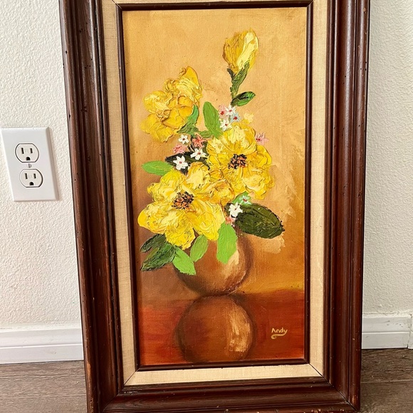 Vintage Original Oil Painting of Yellow Flowers In Vase by Andy 15/26 Framed - Picture 5 of 15